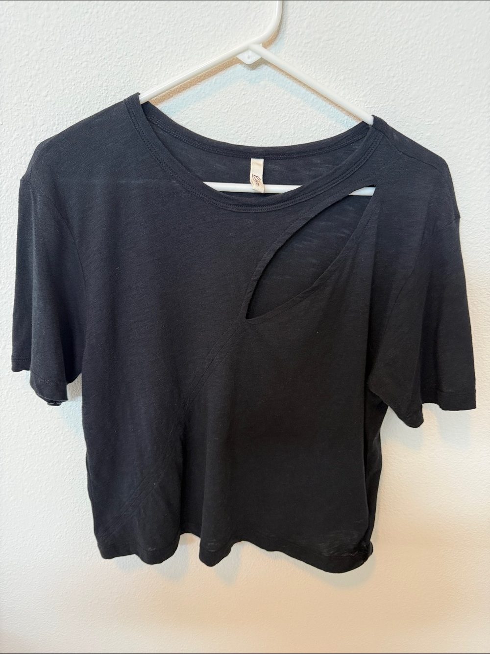 Elan Black Short-Sleeve Tee with Asymmetric Neck Cutout